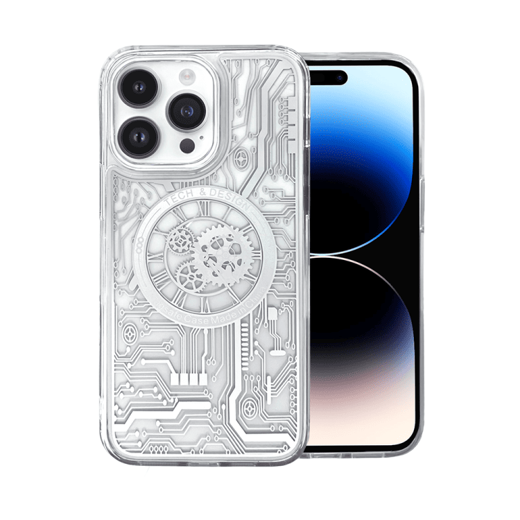 etui do iphone 14 pro clockwork magsafe, przeźroczyste z mechanizmem w środku, srebrne