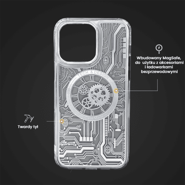 etui do iphone 14 pro clockwork magsafe, przeźroczyste z mechanizmem w środku, srebrne