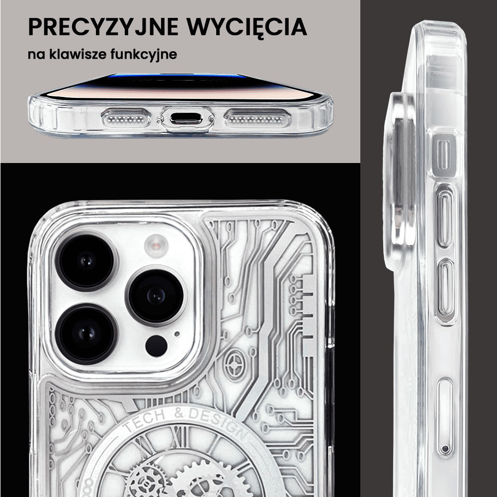 etui do iphone 14 pro clockwork magsafe, przeźroczyste z mechanizmem w środku, srebrne