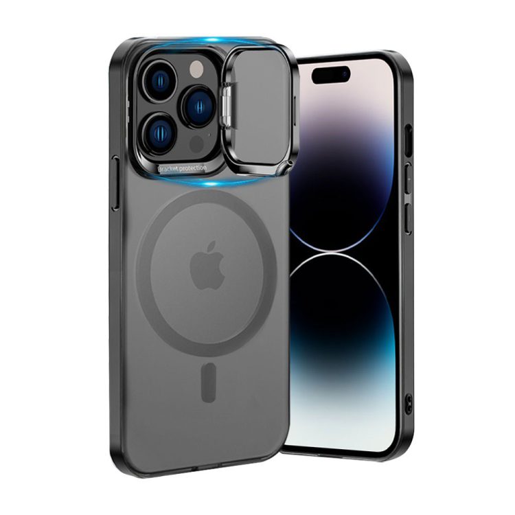 etui do iphone 14 pro max cam stand z magsafe matowe półprzeźroczyste, czarne