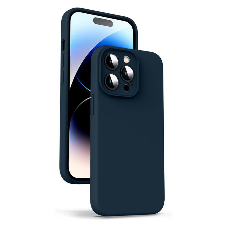etui do iphone 14 pro silikonowe z mikrofibrą soft touch z osłoną na aparat, granatowe