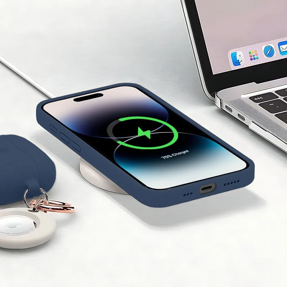 Etui do iPhone 14 Pro silikonowe z mikrofibrą soft touch z osłoną na aparat, granatowe (1)