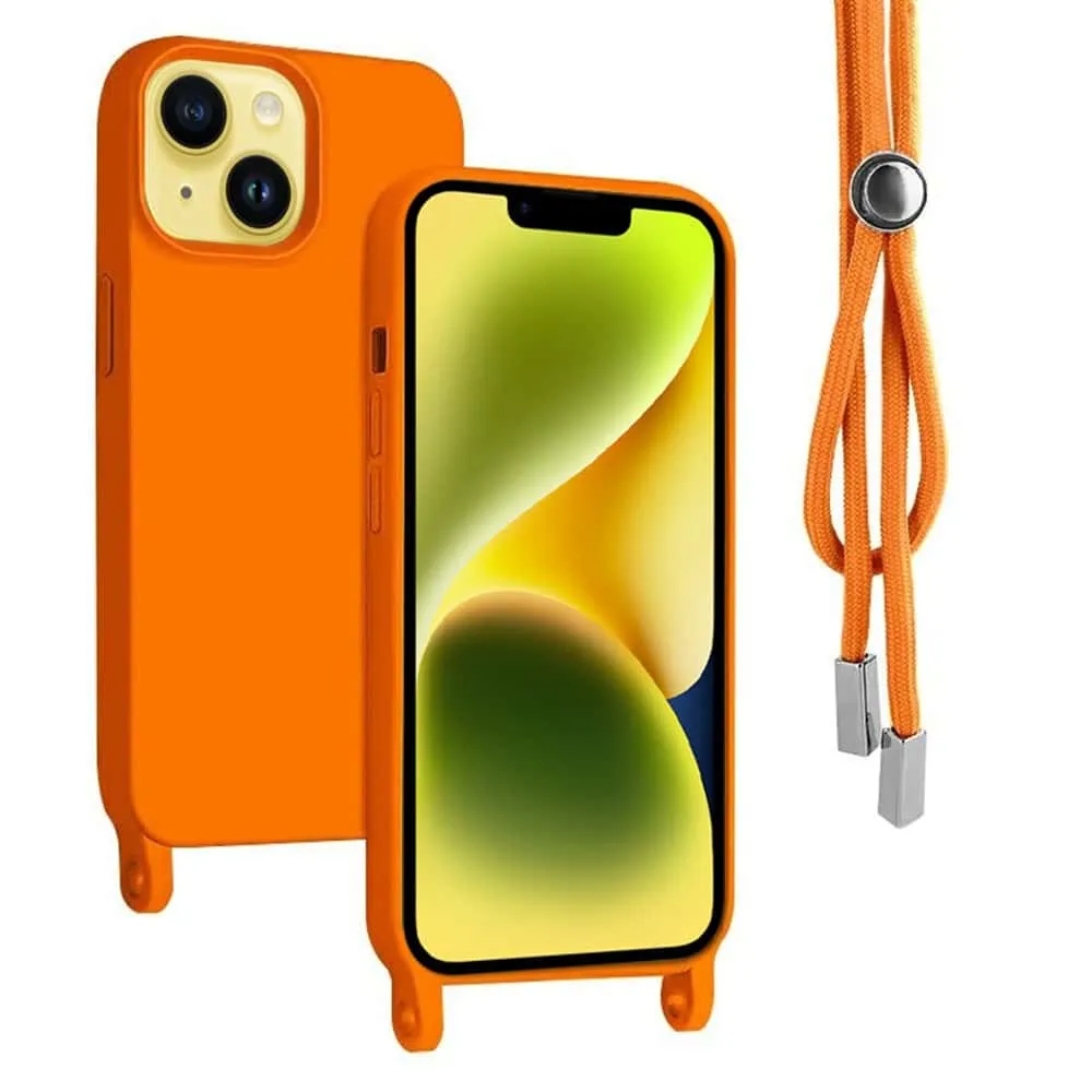 Etui do iPhone 14 wzmacniane crossbody z pomarańczową smyczą jak torebka, pomarańczowe