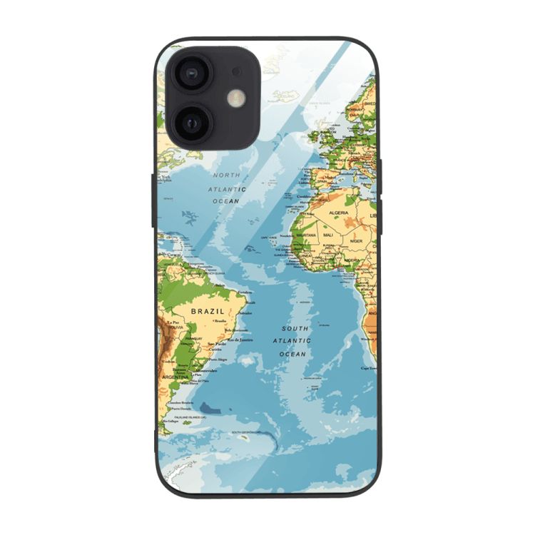 etui do iphone 12, szklany tył, mapa świata, czarne
