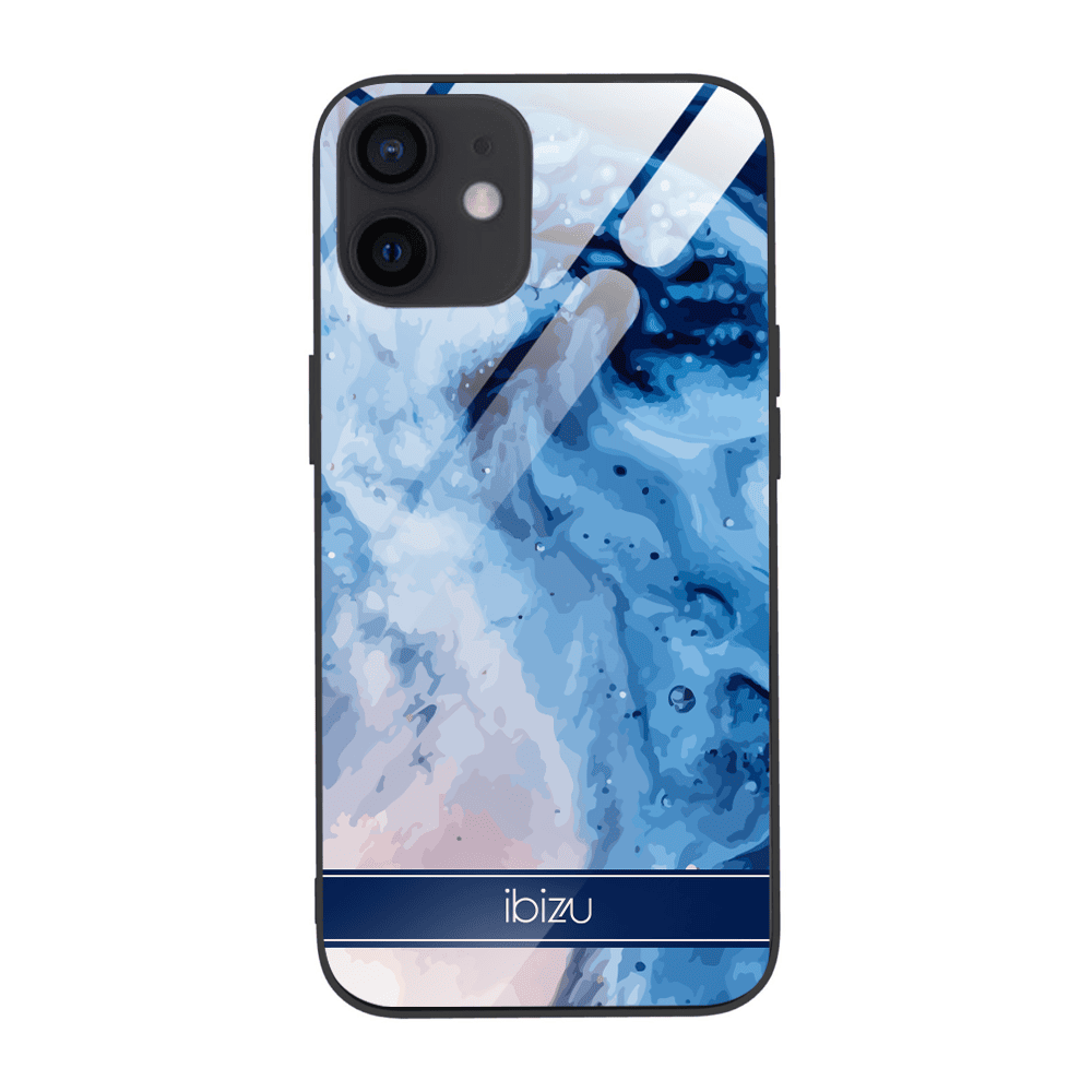 Etui do iPhone 12, Ibizu, szklany tył, błękitny marmurek wodny, czarne