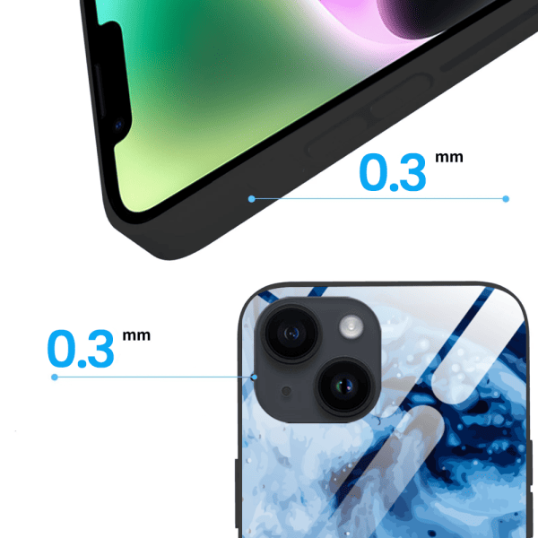 etui do iphone 13, ibizu, szklany tył, błękitny marmurek wodny, czarne