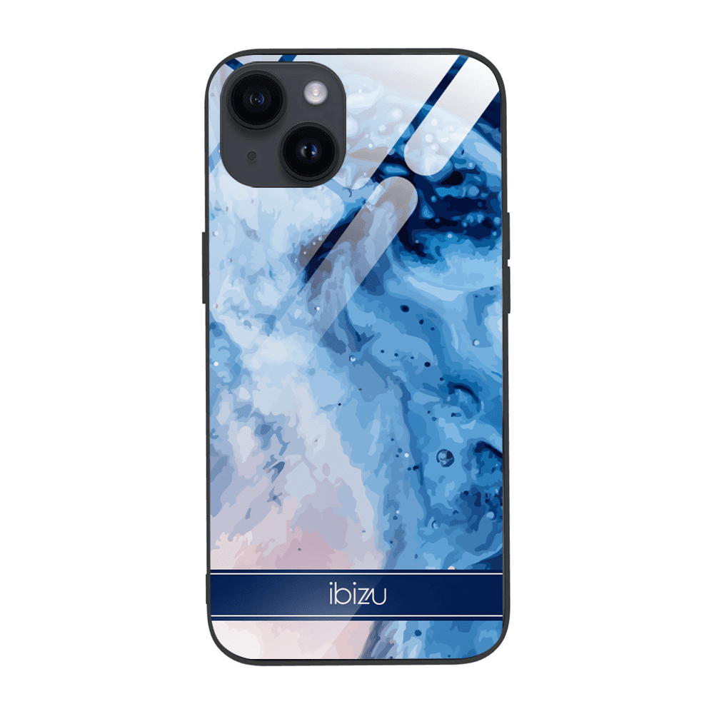 Etui do iPhone 14, Ibizu, szklany tył, błękitny marmurek wodny, czarne