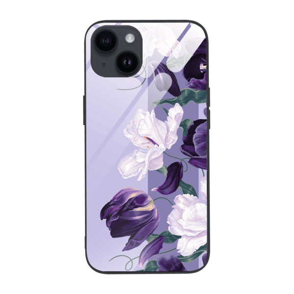 etui do iphone 13, szklany tył, purpurowa harmonia kwiatów, czarne