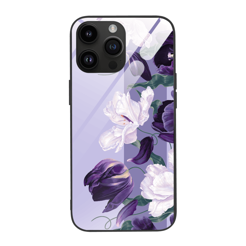 etui do iphone 14 pro max, szklany tył, purpurowa harmonia kwiatów, czarne