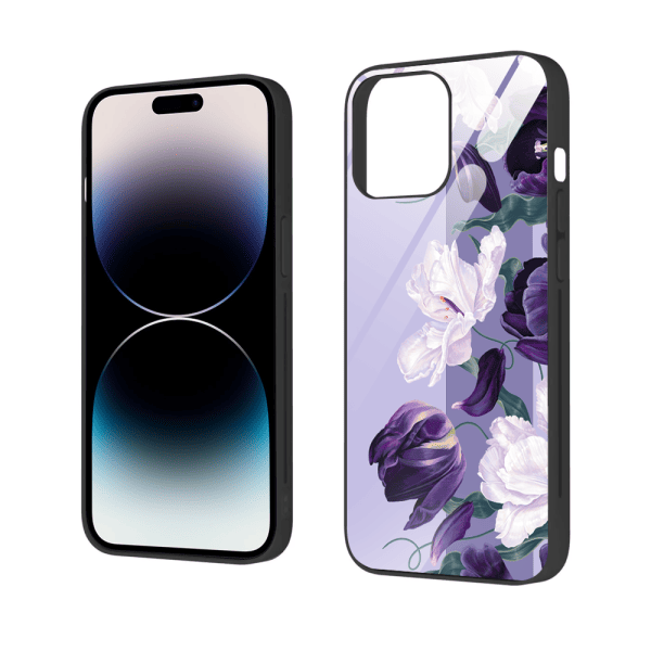 etui do iphone 14 pro max, szklany tył, purpurowa harmonia kwiatów, czarne