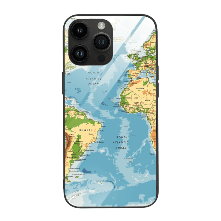 etui do iphone 14 pro max, szklany tył, mapa świata, czarne