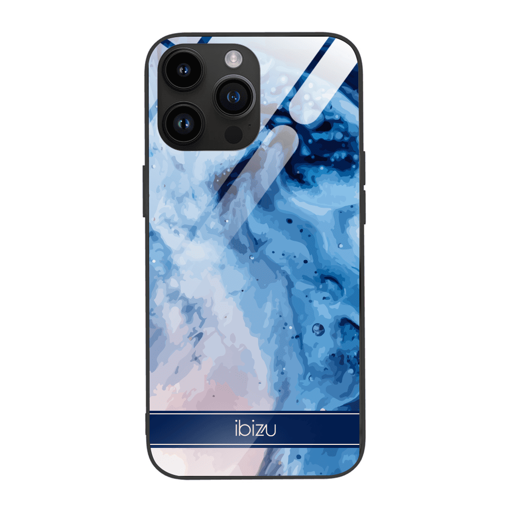 Etui do iPhone 12 Pro, Ibizu, szklany tył, błękitny marmurek wodny, czarne