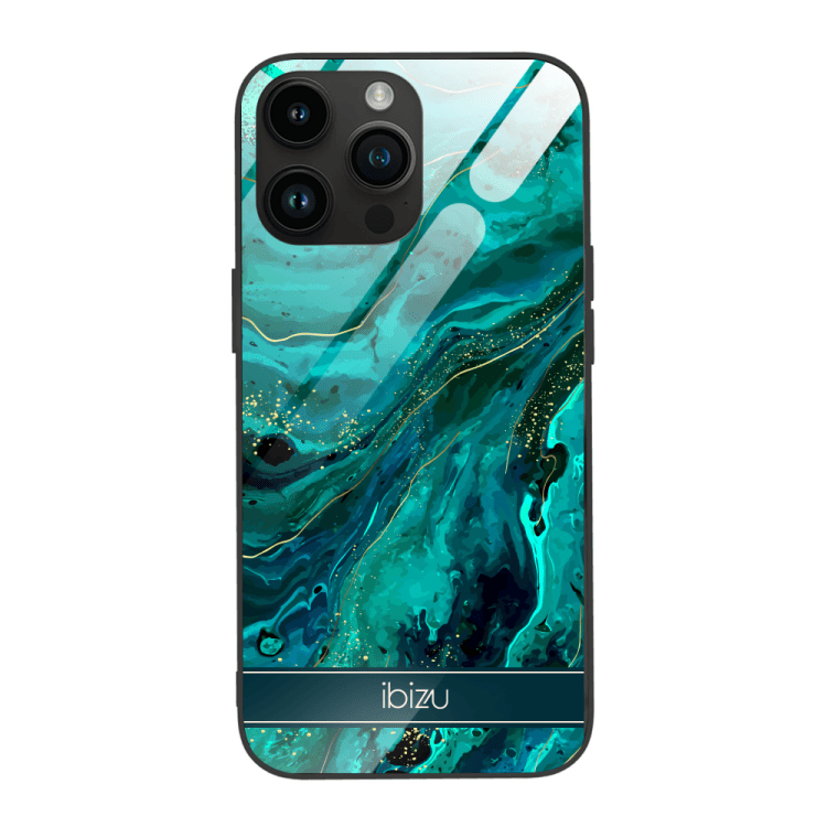 etui do iphone 14 pro max, szklany tył, zielony marmurek ze złoceniem, czarne