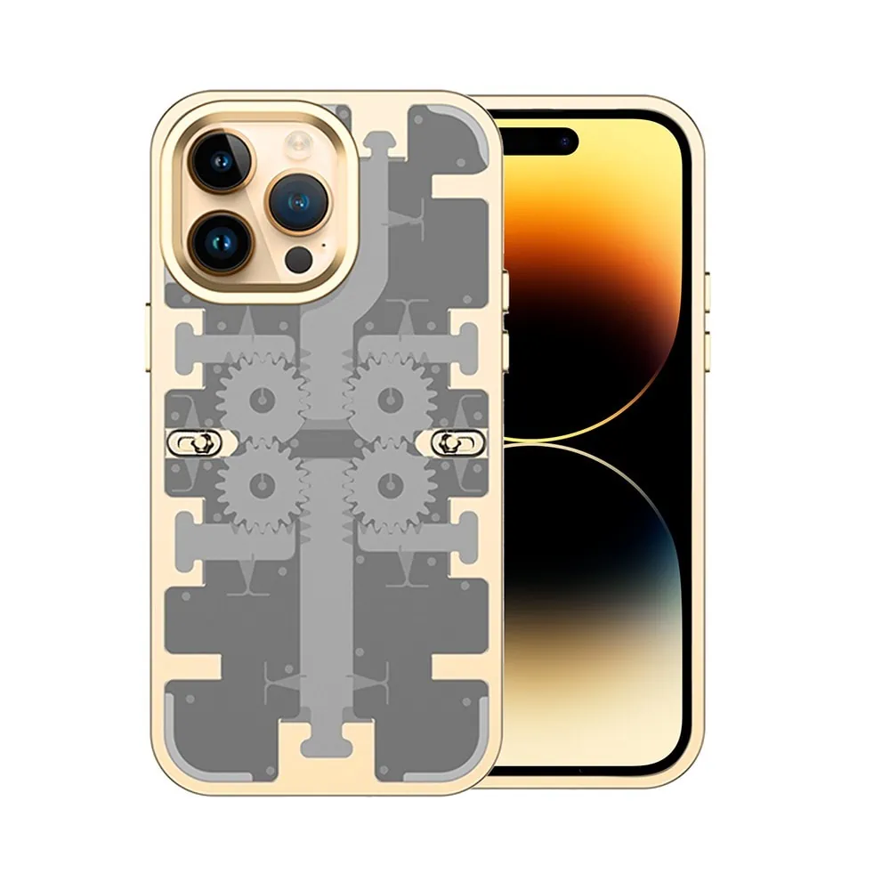 Etui iPhone 14 Pro Luxury Worp Mechanical, aluminiowa złota ramka, matowy tył