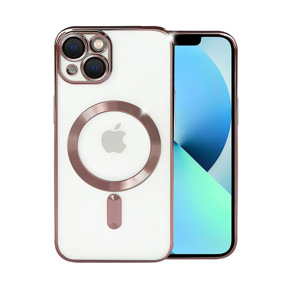 Etui do iPhone 15 Plus MagSafe Luxury Protect przeźroczyste, hybrydowa ochrona kamery, różowe złoto