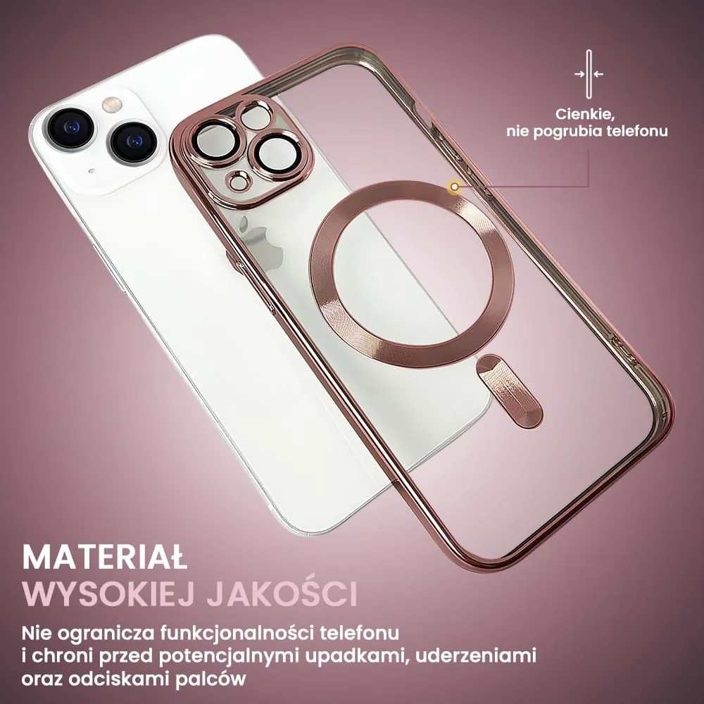 etui do iphone 13 magsafe luxury protect przeźroczyste, hybrydowa ochrona kamery, różowe złoto