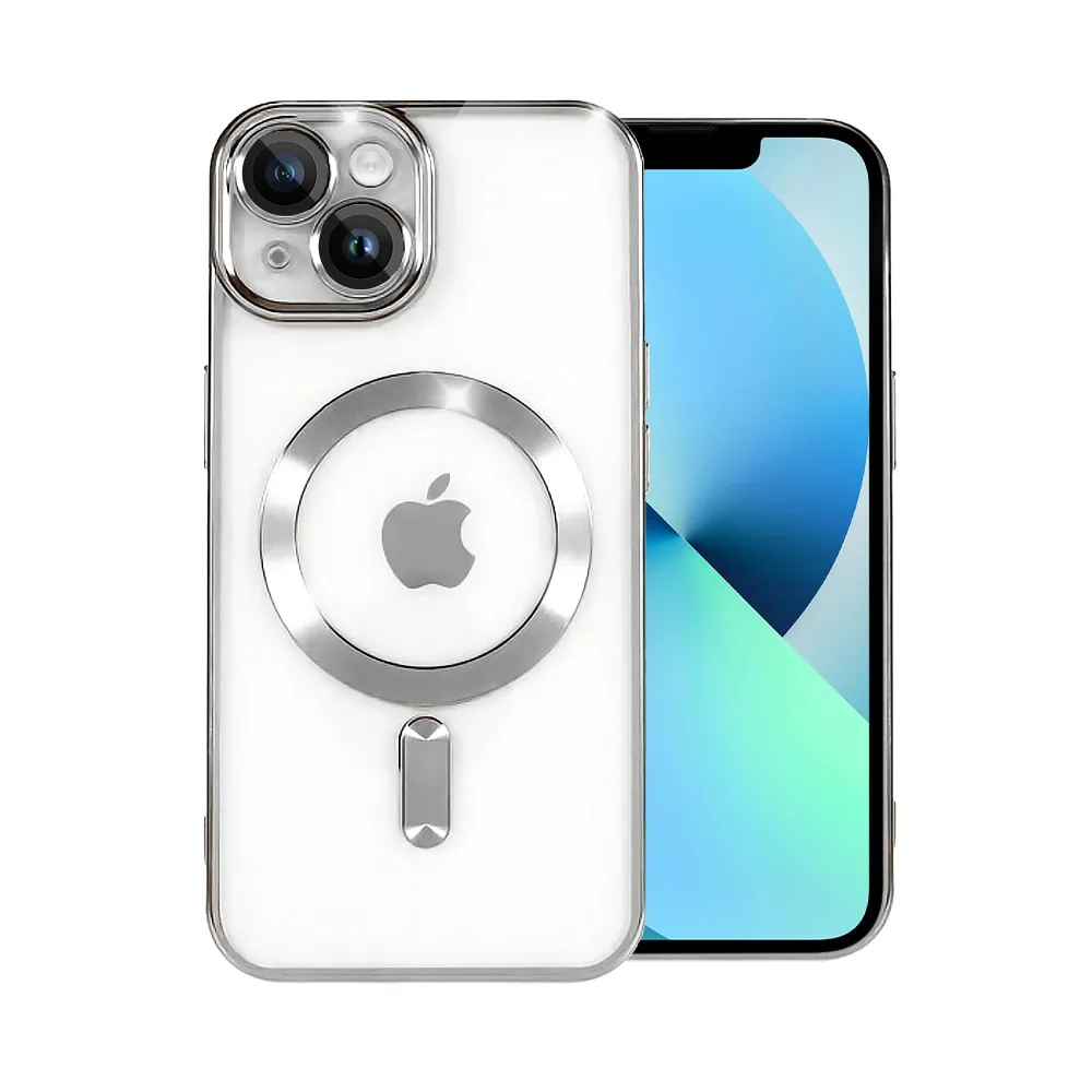 etui do iphone 13 mini magsafe luxury protect przeźroczyste, hybrydowa ochrona kamery, srebrne