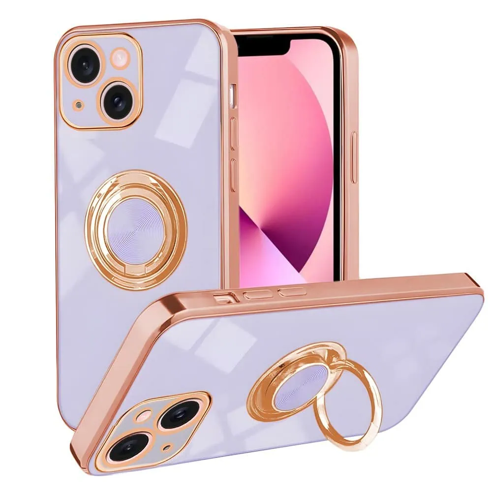 etui do iphone 13 eleganckie, ze złotym, metalowym uchwytem i zdobieniami, osłona na aparat, fioletowe liliowe