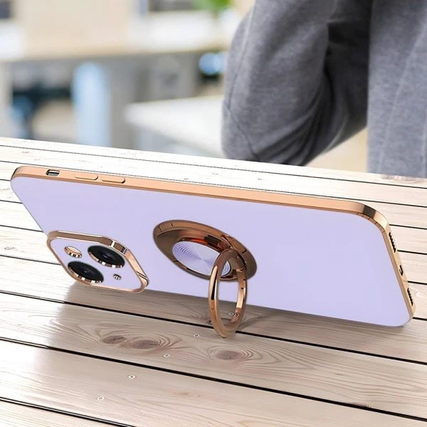 etui do iphone 13 eleganckie, ze złotym, metalowym uchwytem i zdobieniami, osłona na aparat, fioletowe liliowe