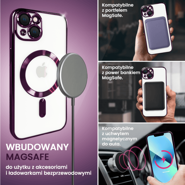 etui do iphone 14 magsafe luxury protect przeźroczyste, hybrydowa ochrona kamery, głęboka purpura