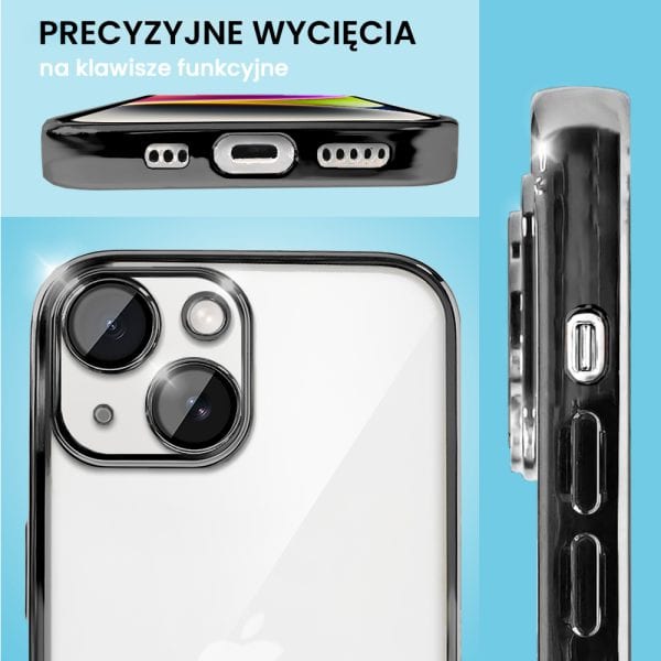 etui do iphone 14 premium protect full cover z osłoną kamery i obiektywów 9h, krystaliczny tył, czarne grafitowe