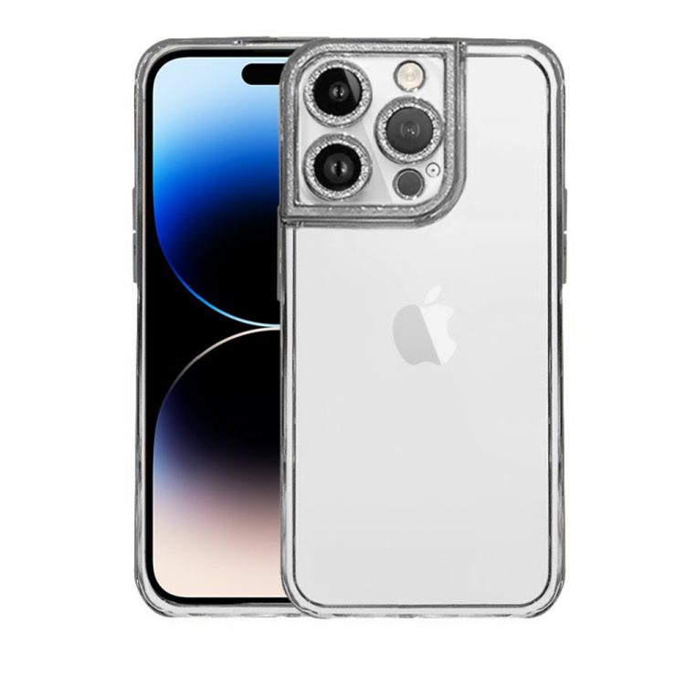 etui do iphone 14 pro kryształowa struktura, osłona na aparat, przeźroczyste ze srebrną ramką
