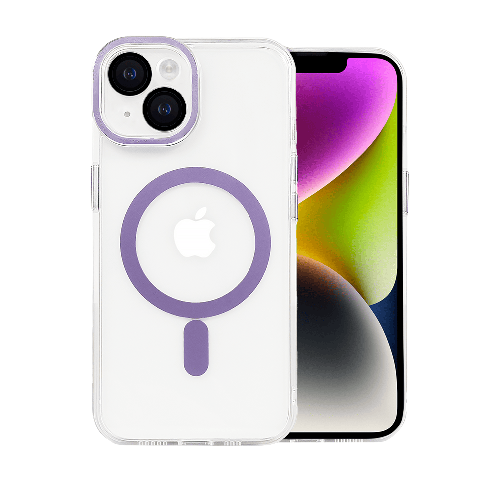 Etui do iPhone 14 Simple Elegance z MagSafe, twardy przeźroczysty tył, hybrydowa ochrona kamery, liliowe