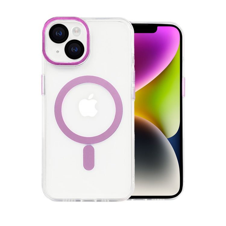 etui do iphone 13 simple elegance z magsafe, twardy przeźroczysty tył, hybrydowa ochrona kamery, różowe