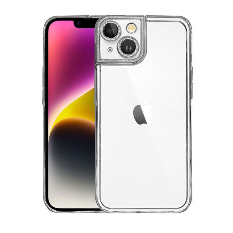 etui do iphone 14 kryształowa struktura, osłona na aparat, przeźroczyste ze srebrną ramką