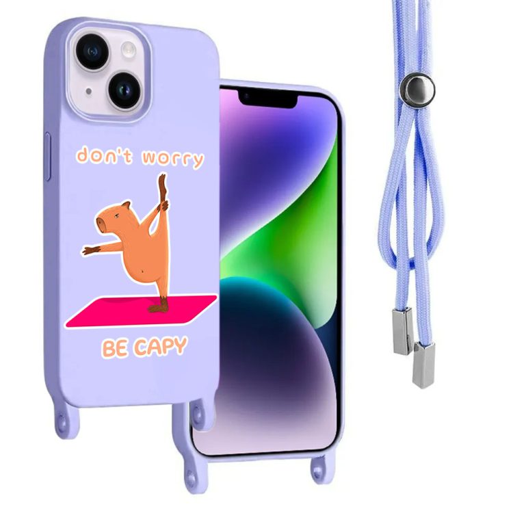 etui do iphone 14 wzmacniane crossbody z fioletową smyczą jak torebka, fioletowe z nadrukiem kapibara