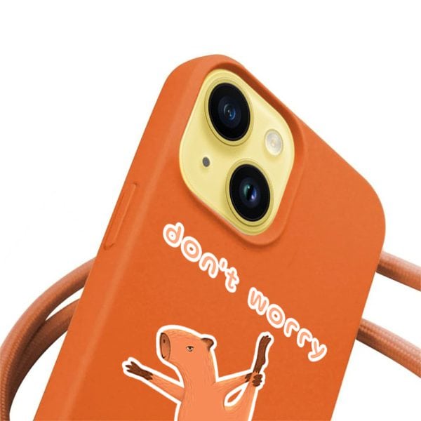etui do iphone 14 wzmacniane crossbody z pomarańczową smyczą jak torebka, pomarańczowe z nadrkiem kapibara