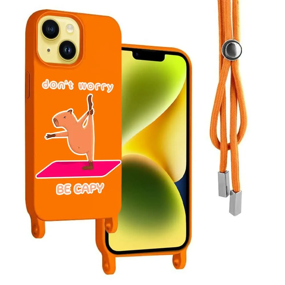 Etui do iPhone 14 wzmacniane crossbody z pomarańczową smyczą jak torebka, pomarańczowe z nadrkiem kapibara