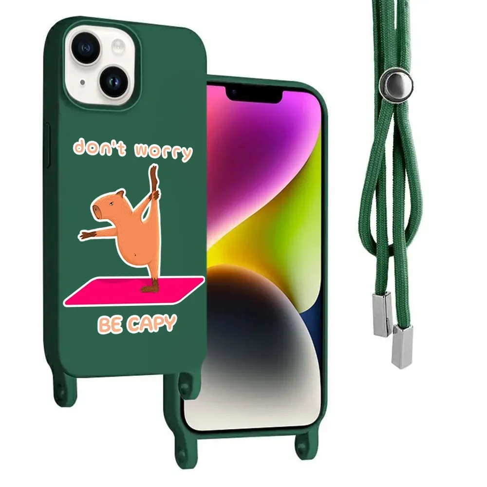 Etui do iPhone 14 wzmacniane crossbody z zieloną smyczą jak torebka, zielone z nadrukiem kapibara