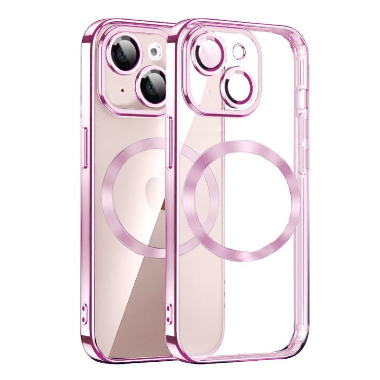 etui iphone 13 slim protect full cover magsafe hard back, twardy tył, przeźroczyste, różowe