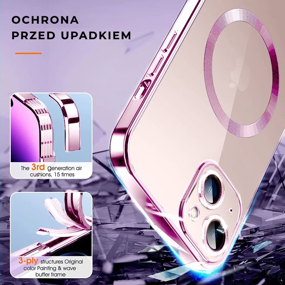 etui iphone 13 slim protect full cover magsafe hard back, twardy tył, przeźroczyste, różowe