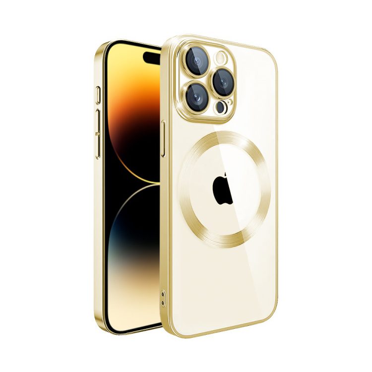etui iphone 14 pro max slim protect full cover magsafe hard back, twardy tył, przeźroczyste, złote