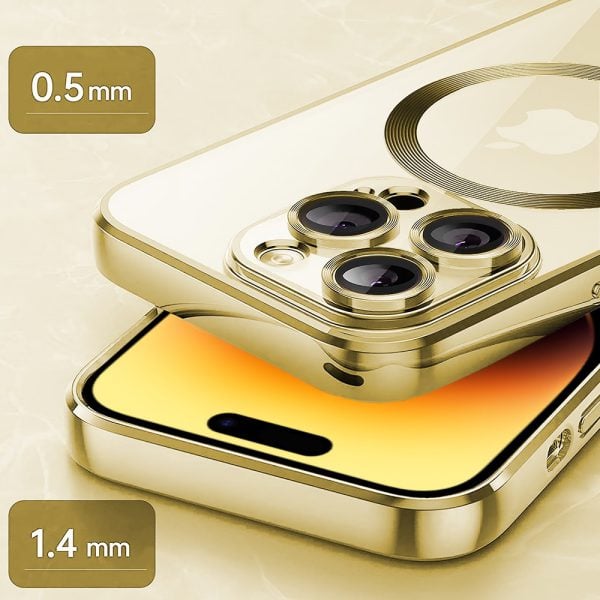 etui iphone 14 pro max slim protect full cover magsafe hard back, twardy tył, przeźroczyste, złote