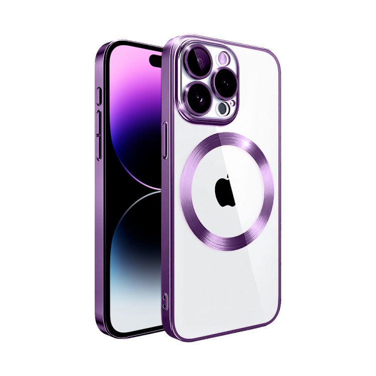etui iphone 14 pro slim protect full cover magsafe hard back, twardy tył, przeźroczyste, purpurowe
