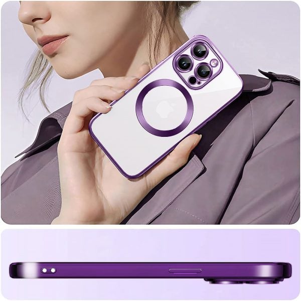 etui iphone 14 pro slim protect full cover magsafe hard back, twardy tył, przeźroczyste, purpurowe