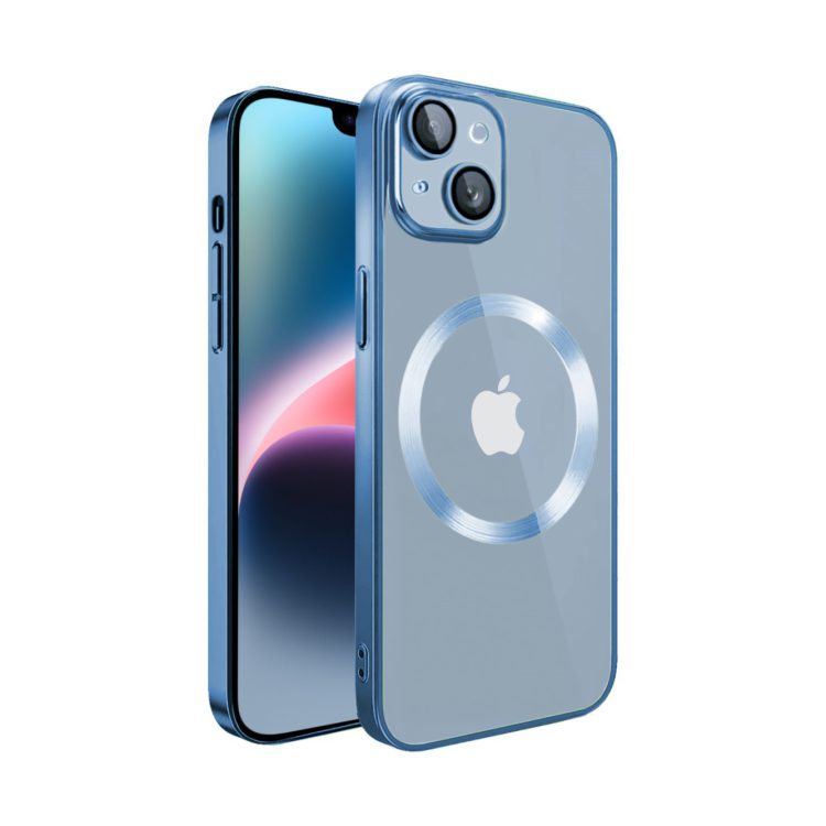 etui iphone 14 slim protect full cover magsafe hard back, twardy tył, przeźroczyste, górski niebieski