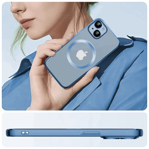 etui iphone 14 slim protect full cover magsafe hard back, twardy tył, przeźroczyste, górski niebieski