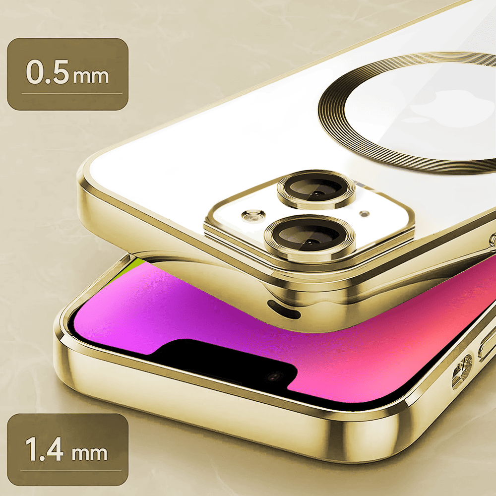 etui iphone 14 slim protect full cover magsafe hard back, twardy tył, przeźroczyste, złote