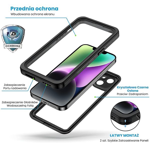 etui iphone 14 wodoodporne, pancerne, przeźroczyste, czarna ramka