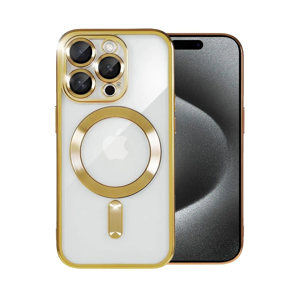 Etui do iPhone 15 Pro MagSafe Luxury Protect przeźroczyste, hybrydowa ochrona kamery, złote