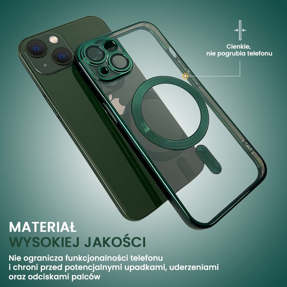 etui do iphone 13 magsafe luxury protect przeźroczyste, hybrydowa ochrona kamery, zielone