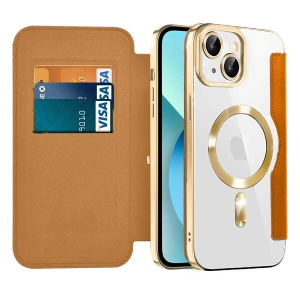 Etui do iPhone 13 typu książka Book Magsafe Lens Protect, z klapką, złote pop (3)