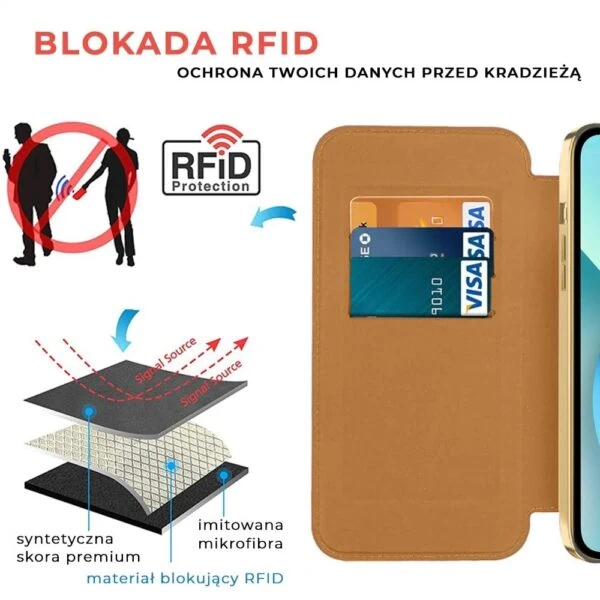 Etui do iPhone 13 typu książka Book Magsafe Lens Protect, z klapką, złote pop (4)