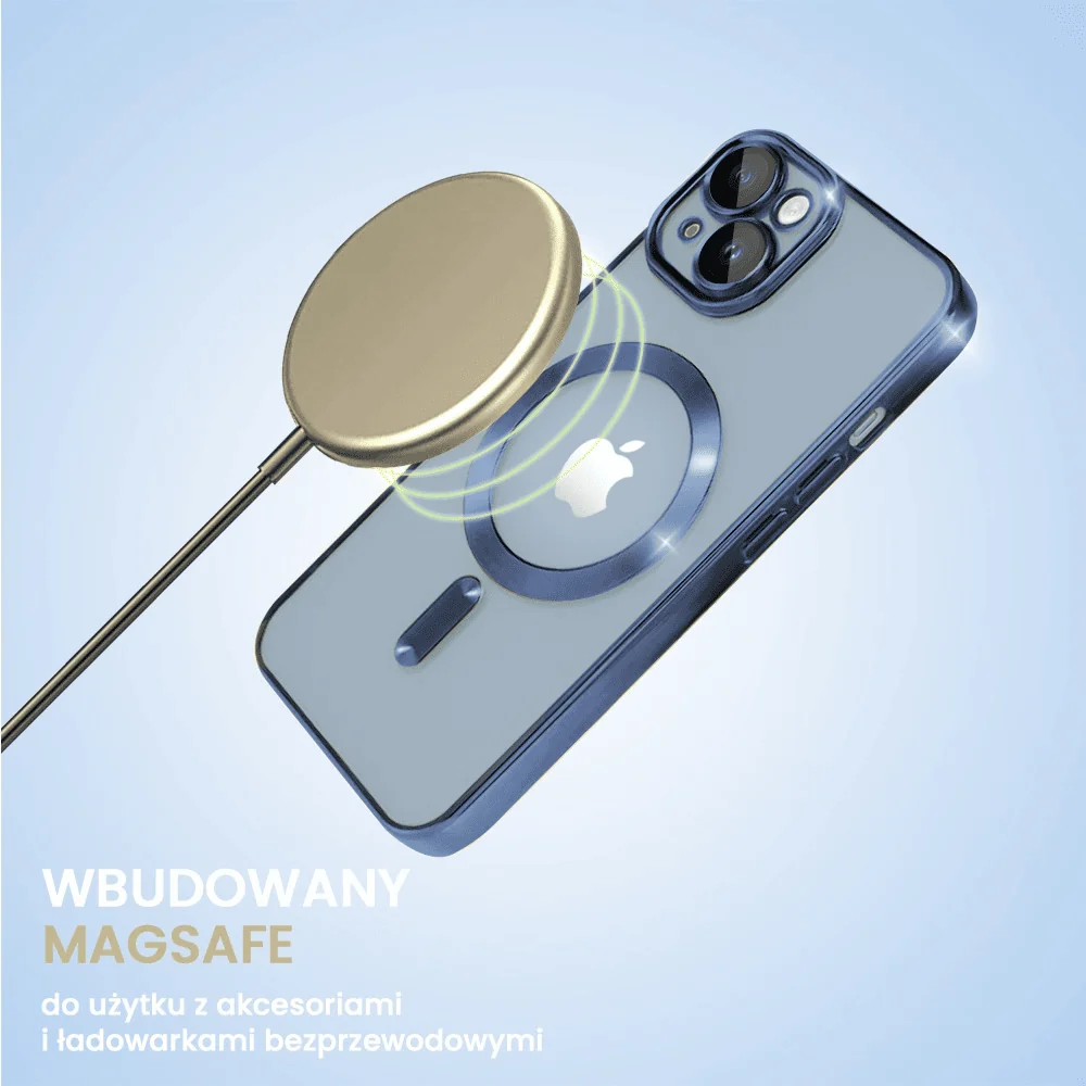 etui do iphone 14 magsafe luxury protect przeźroczyste, hybrydowa ochrona kamery, niebieskie