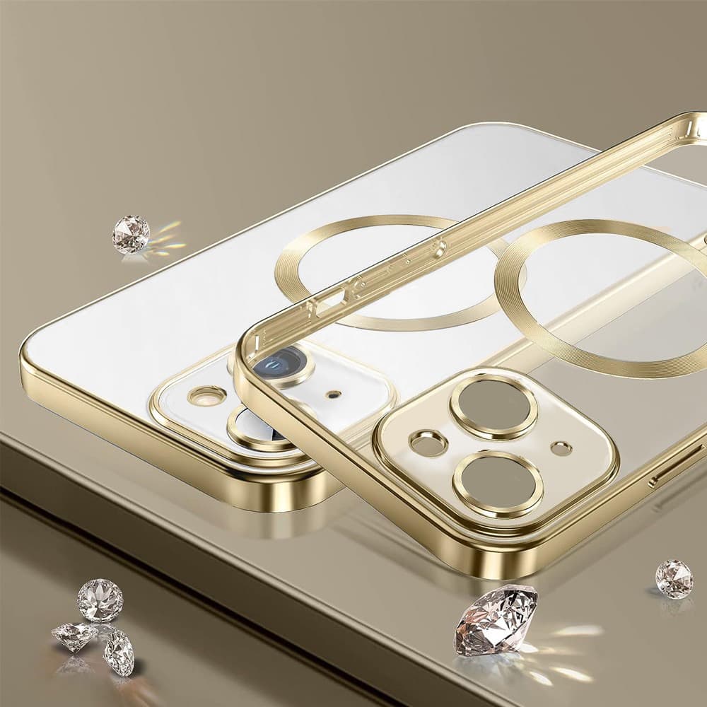 etui do iphone 14 plus magsafe luxury protect przeźroczyste, z osłonami na aparat, złote