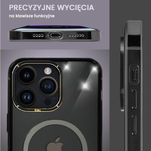 etui do iphone 14 pro, ibizu elite skin cam ring, krystalicznie czyste z metalową ramką, czarne z magsafe